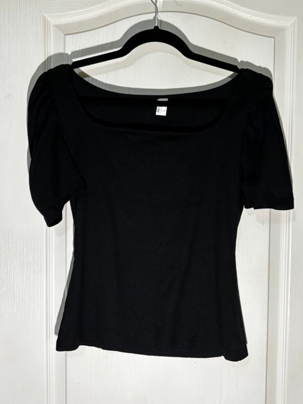 Black Ribbed Square Neck Puff Sleeve Top Size L